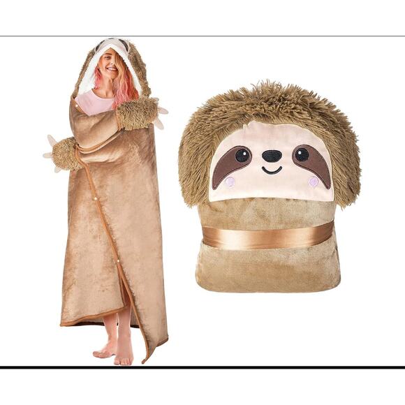 Sloth Hooded Blanket Sherpa Fleece Fluffy Warm Cozy Plush Wearable Throw NWT - Picture 1 of 6